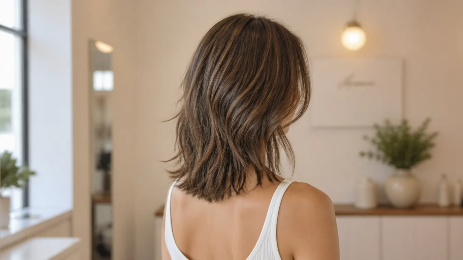 Shaggy mid length haircut at collarbone length with choppy layers, curtain bangs and piecey ends
