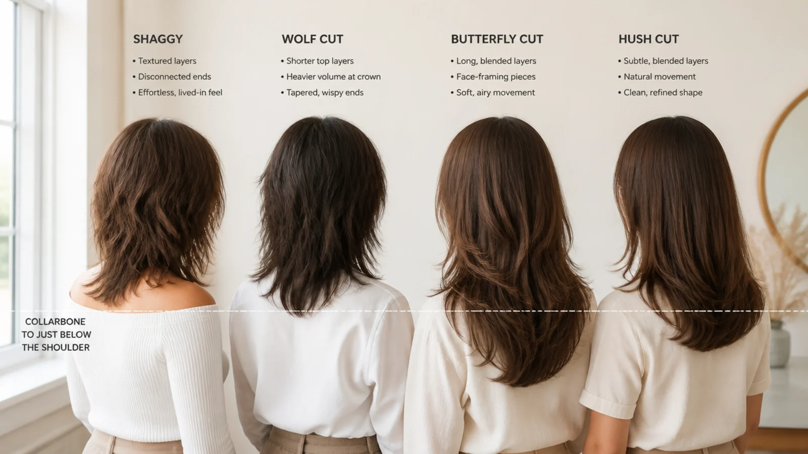 Shaggy mid length haircut compared with a wolf cut, butterfly cut and hush cut side by side
