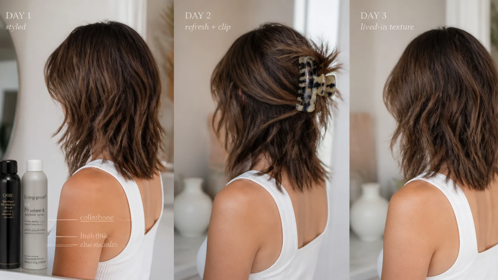 Shaggy mid length haircut styled with mousse, texture spray and a claw clip across three days
