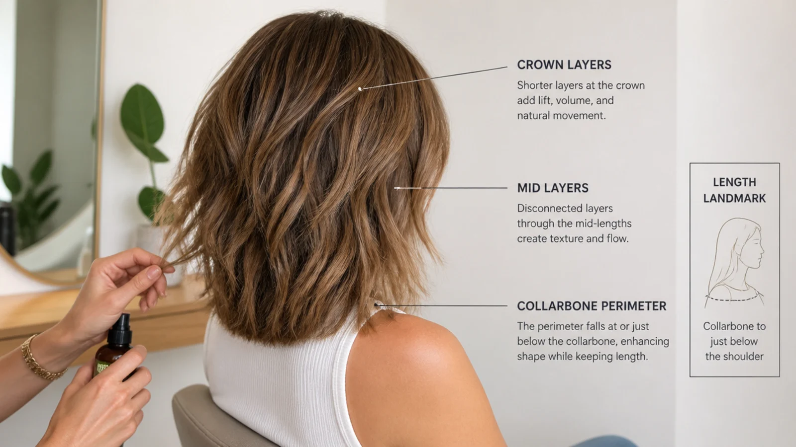 Diagram of a shaggy mid length haircut showing crown layers, mid layers and a collarbone perimeter