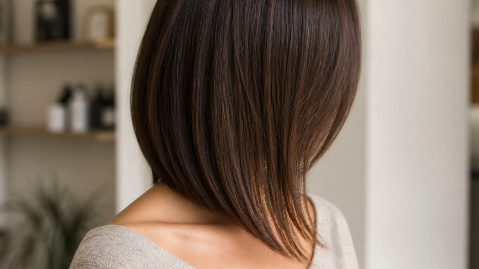 Sleek A-line lob on straight hair angled longer at the front than the back with glossy ends