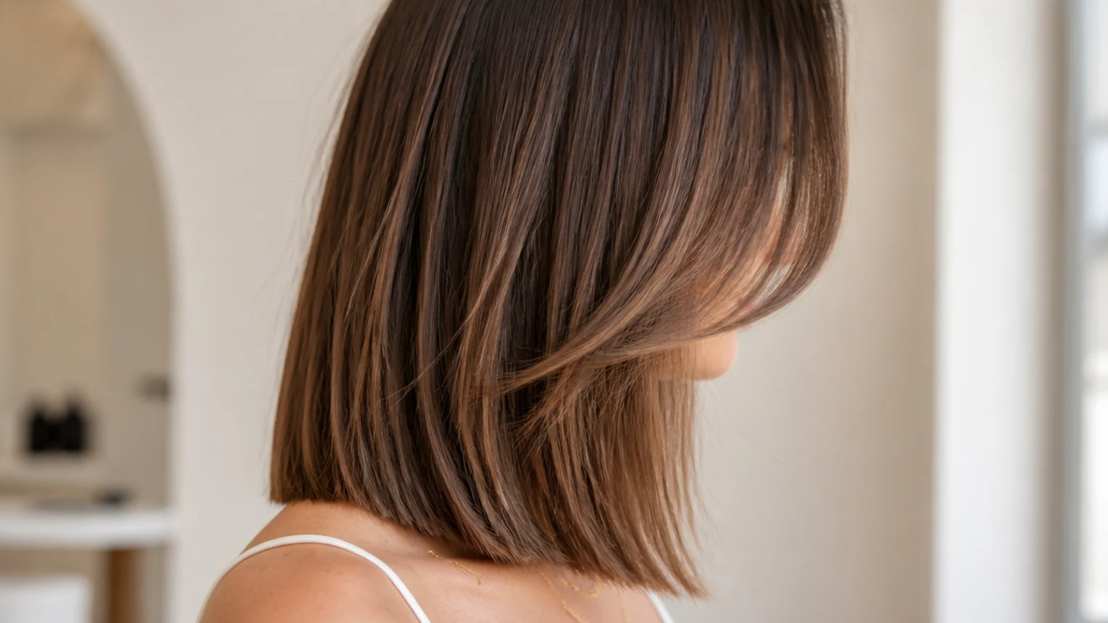 Straight mid length haircut with long invisible layers and a solid unbroken perimeter line