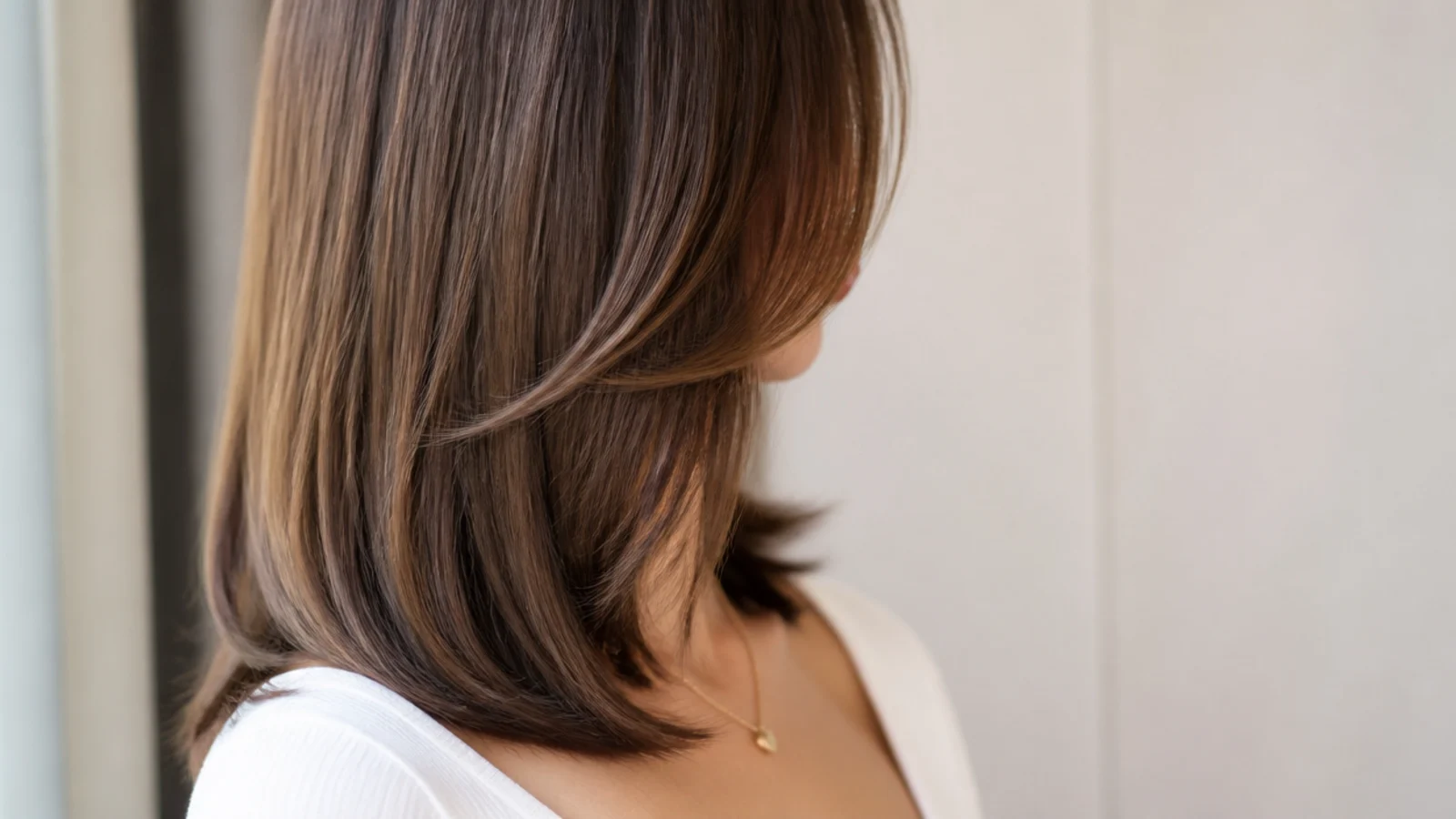 Classic U-cut straight mid length haircut with a soft rounded perimeter below the shoulders