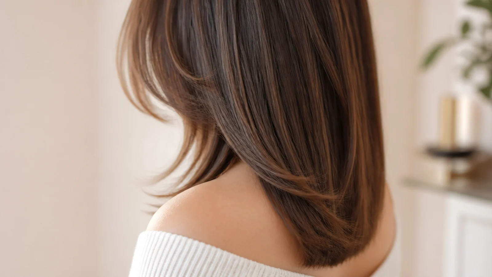Soft V-cut on straight mid length hair with the center back longer than the sides