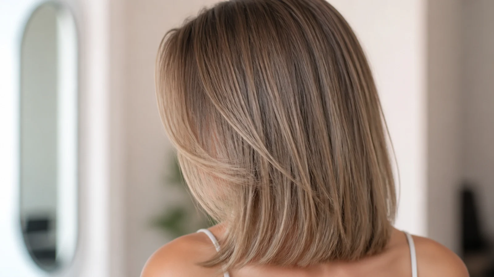 Straight mid length haircut with curtain bangs parted in the middle and swept to the cheekbones
