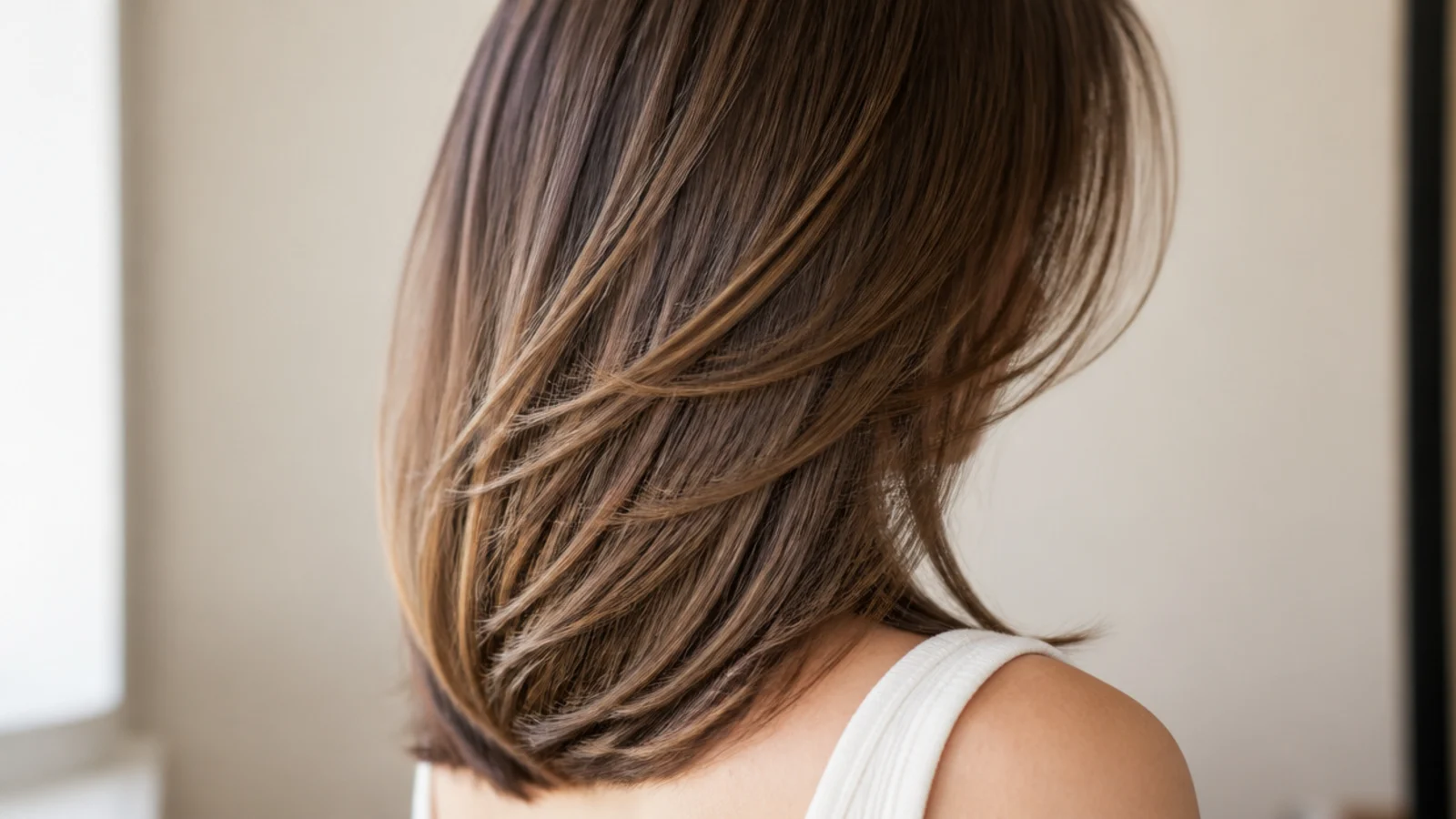 Butterfly cut on straight mid length hair with short crown layers over long collarbone length ends