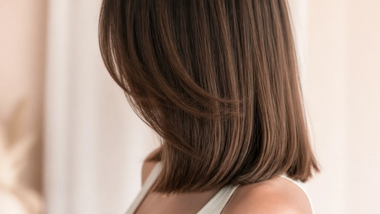Blunt straight mid length haircut with hidden internal layers removing weight under the top section