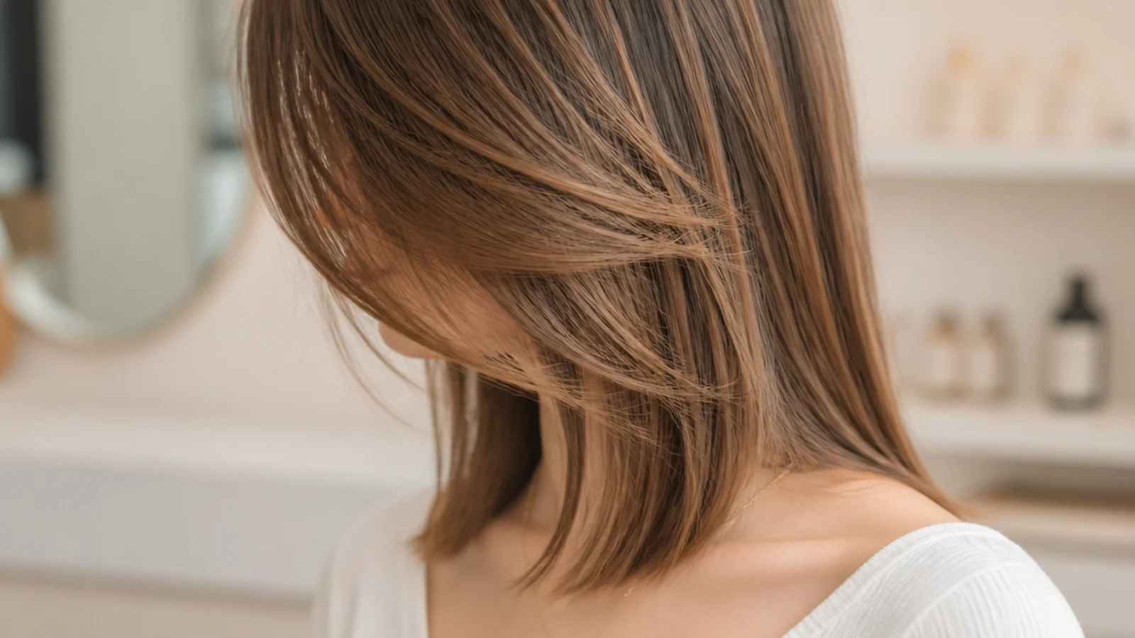 Straight mid length haircut with face-framing layers starting at the jaw and blending into the length