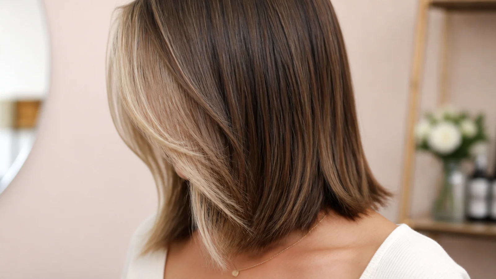 Straight mid length haircut with a lightened money piece framing both sides of the face