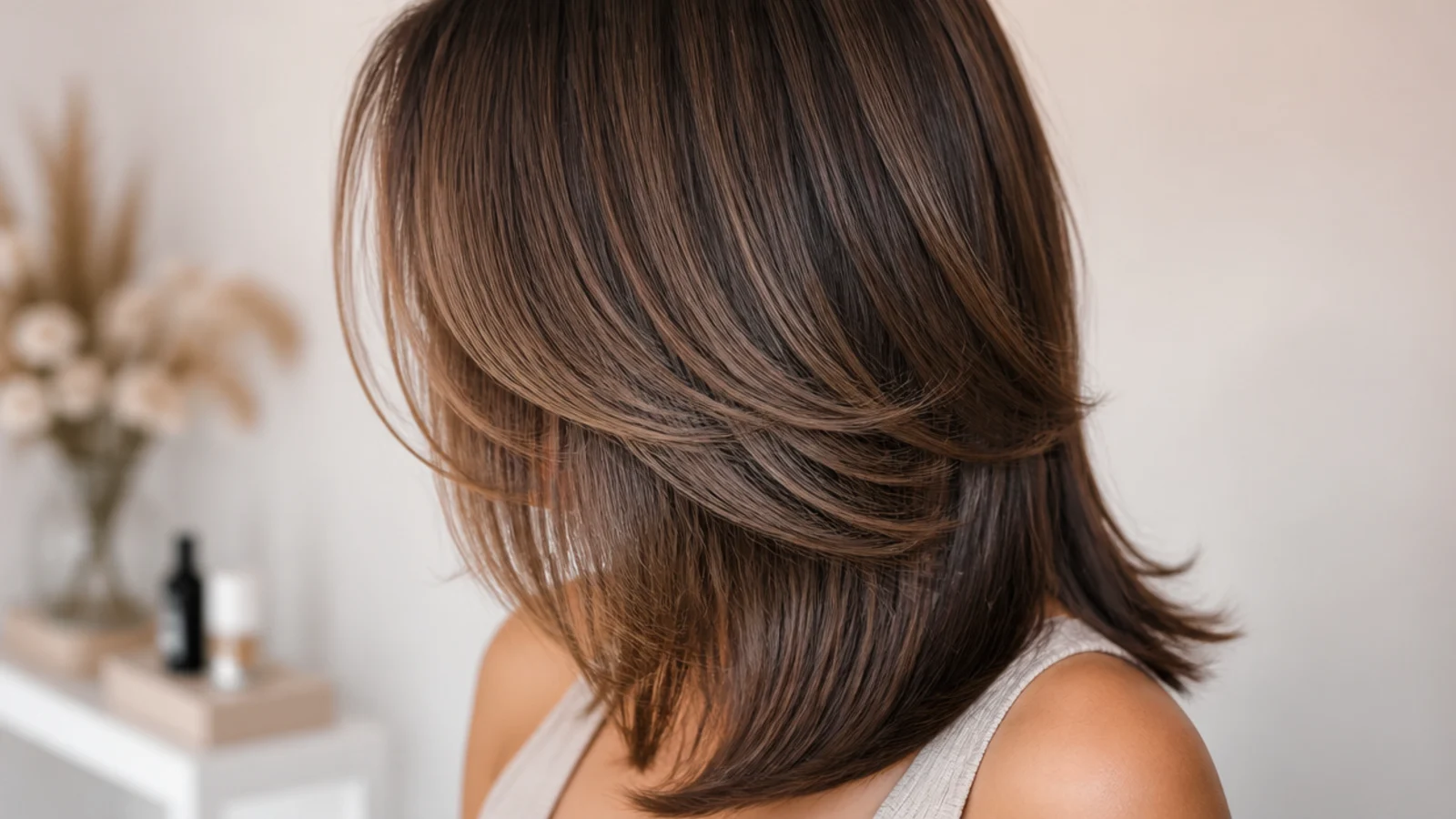Feathered layers on thick straight mid length hair with soft tapered edges around the face
