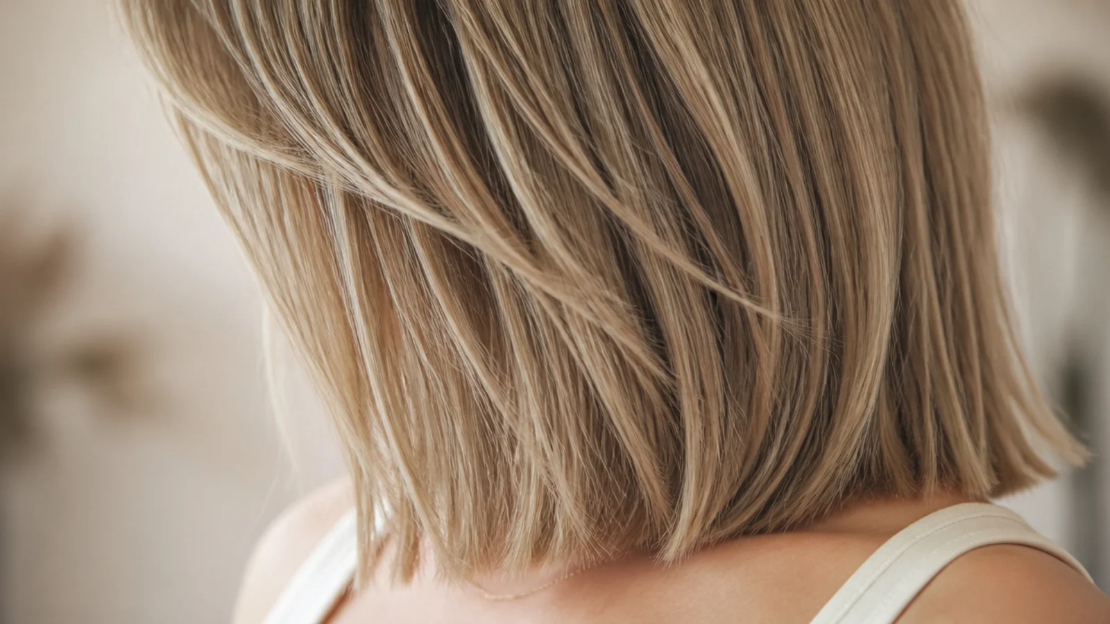 One length collarbone straight mid length haircut on fine hair with a dense blunt bottom line