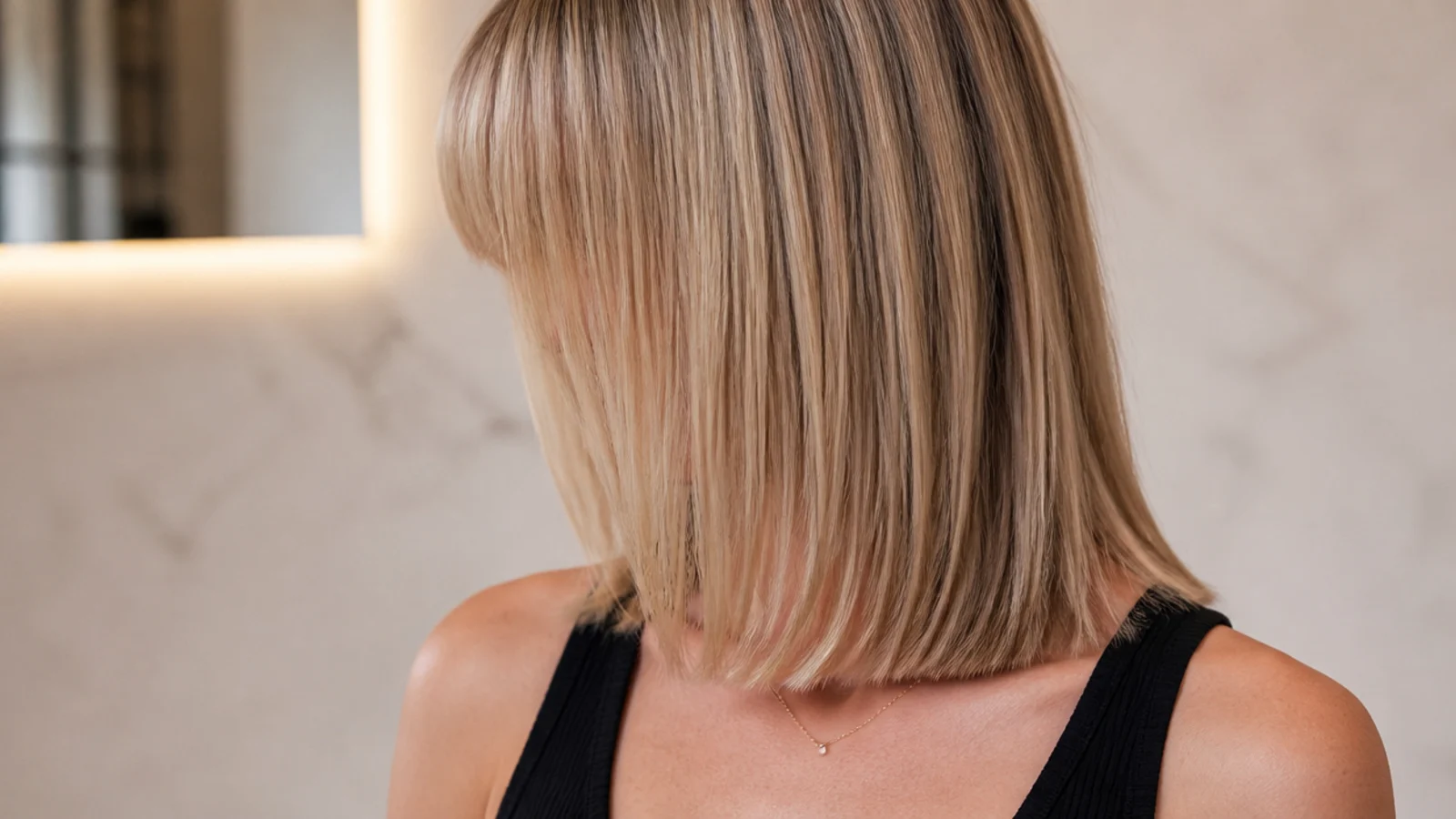 Blunt straight fringe cut at the eyebrow over a collarbone length straight mid length haircut