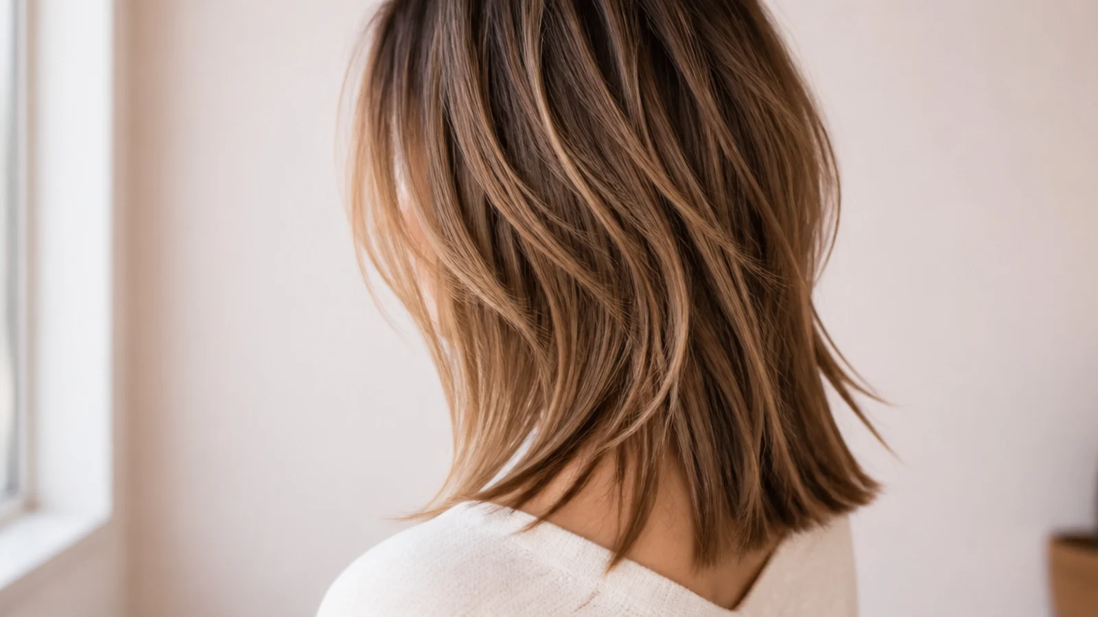 Straight mid length shag haircut with choppy crown layers and piecey collarbone ends