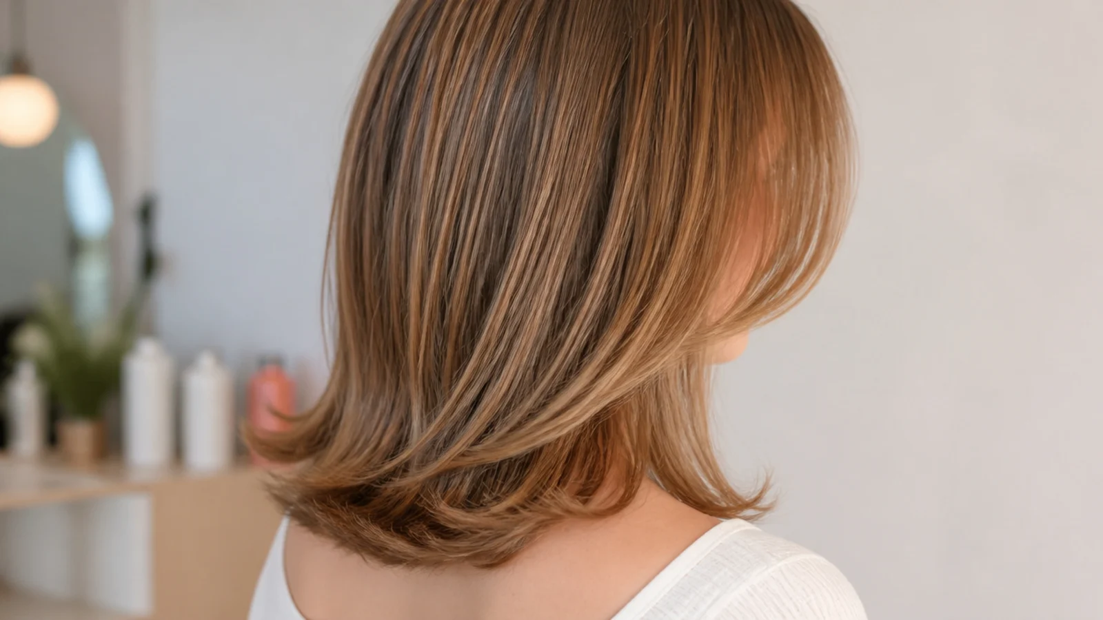 Straight mid length lob with ends flipped outward in a 90s style blowout