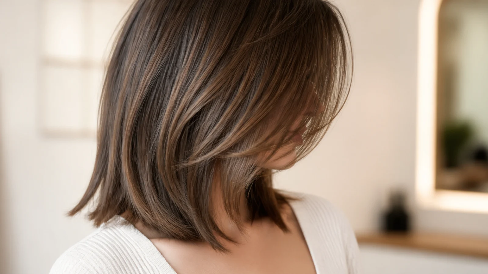 Straight mid length haircut with wispy side-swept bangs falling across the brow