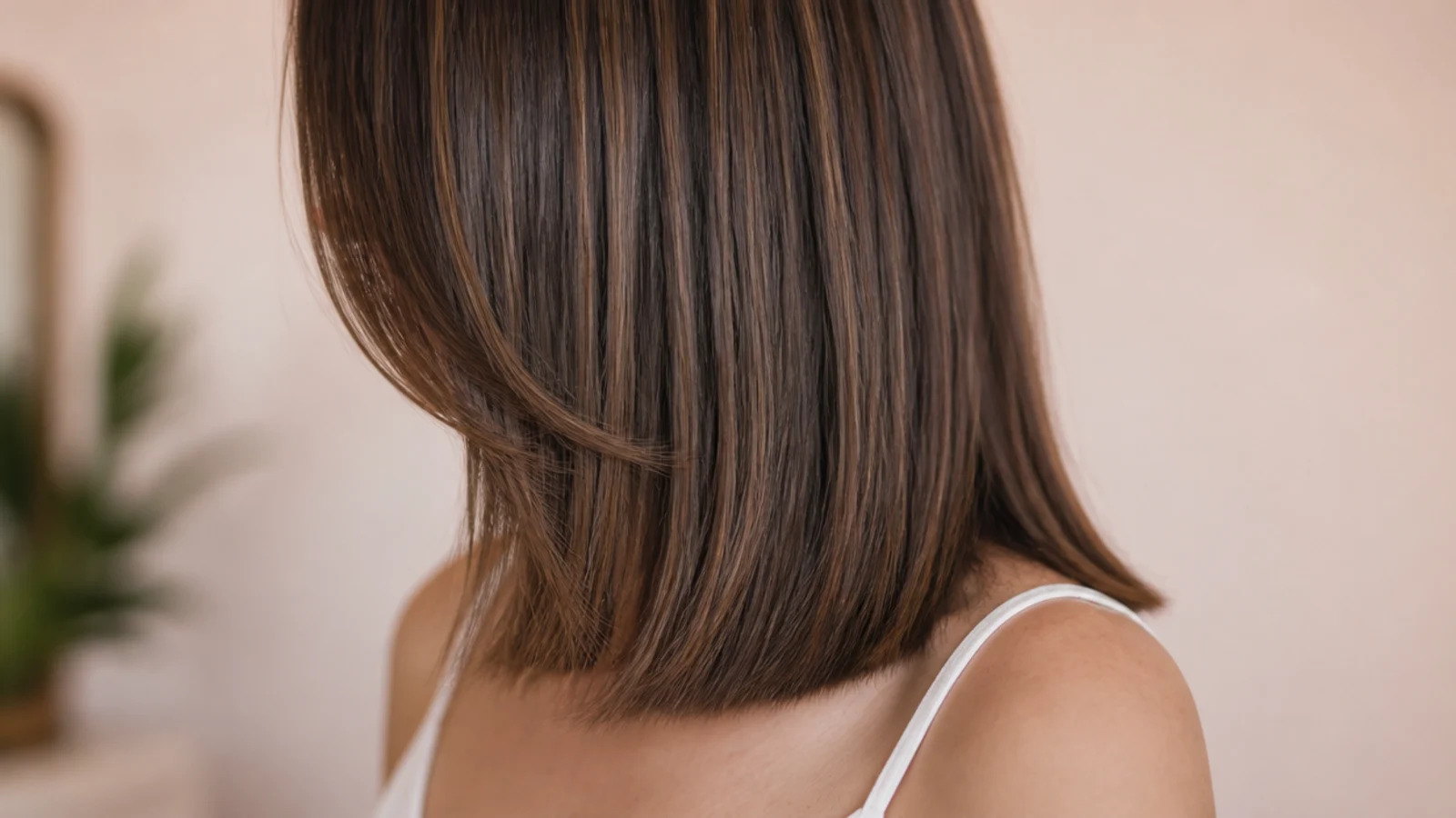 Straight mid length haircut below the shoulder with a squared blunt perimeter and corners kept in
