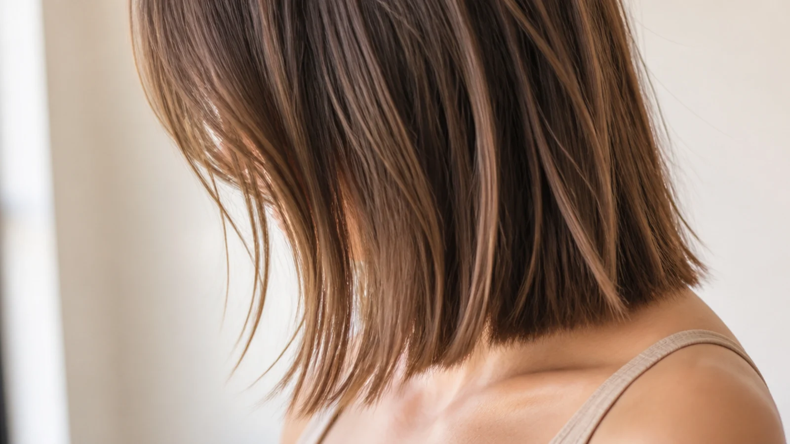 Air dried straight mid length lob with a blunt collarbone line and no heat styling