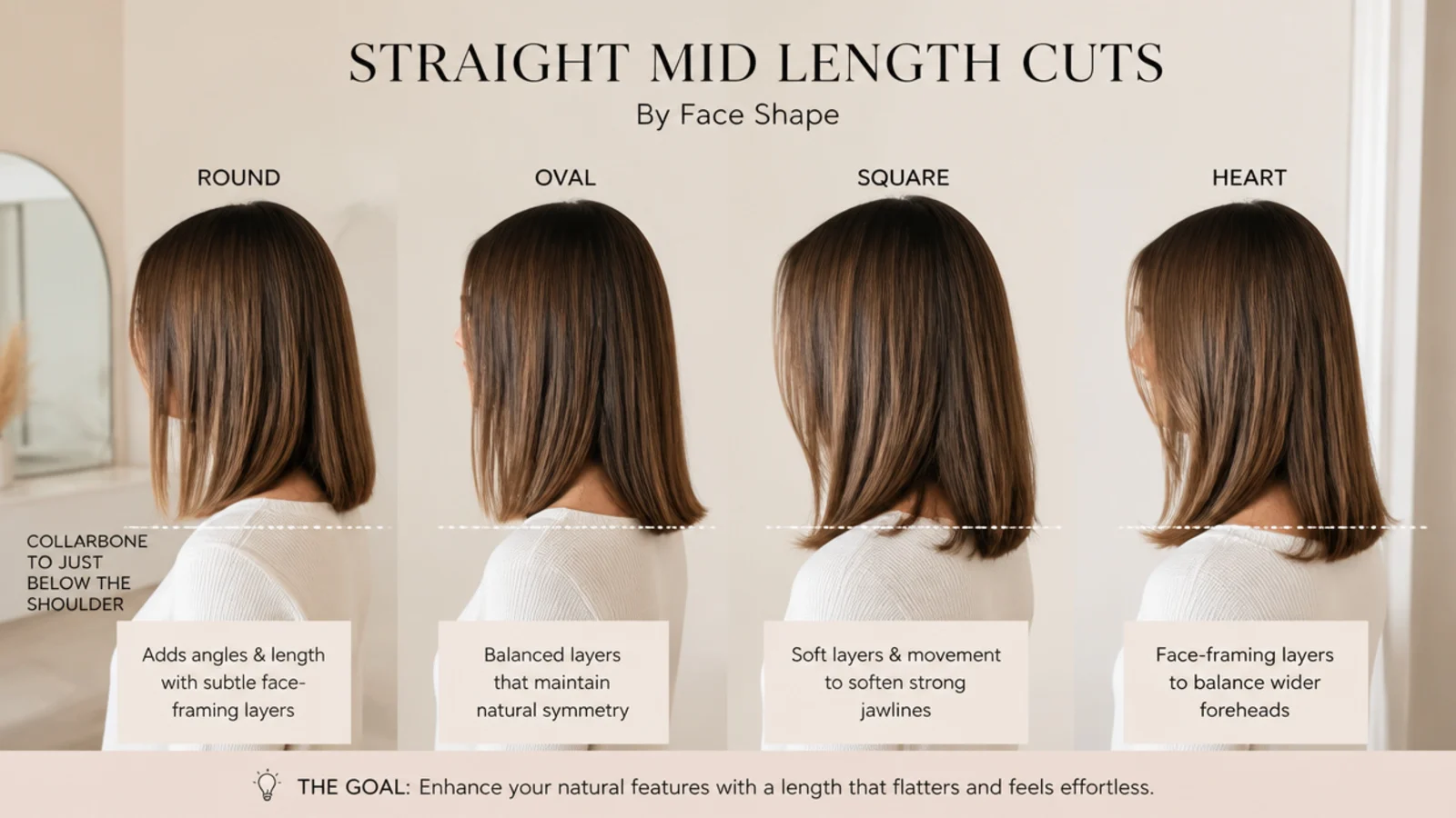 Straight mid length haircut ideas compared across round, oval, square and heart face shapes