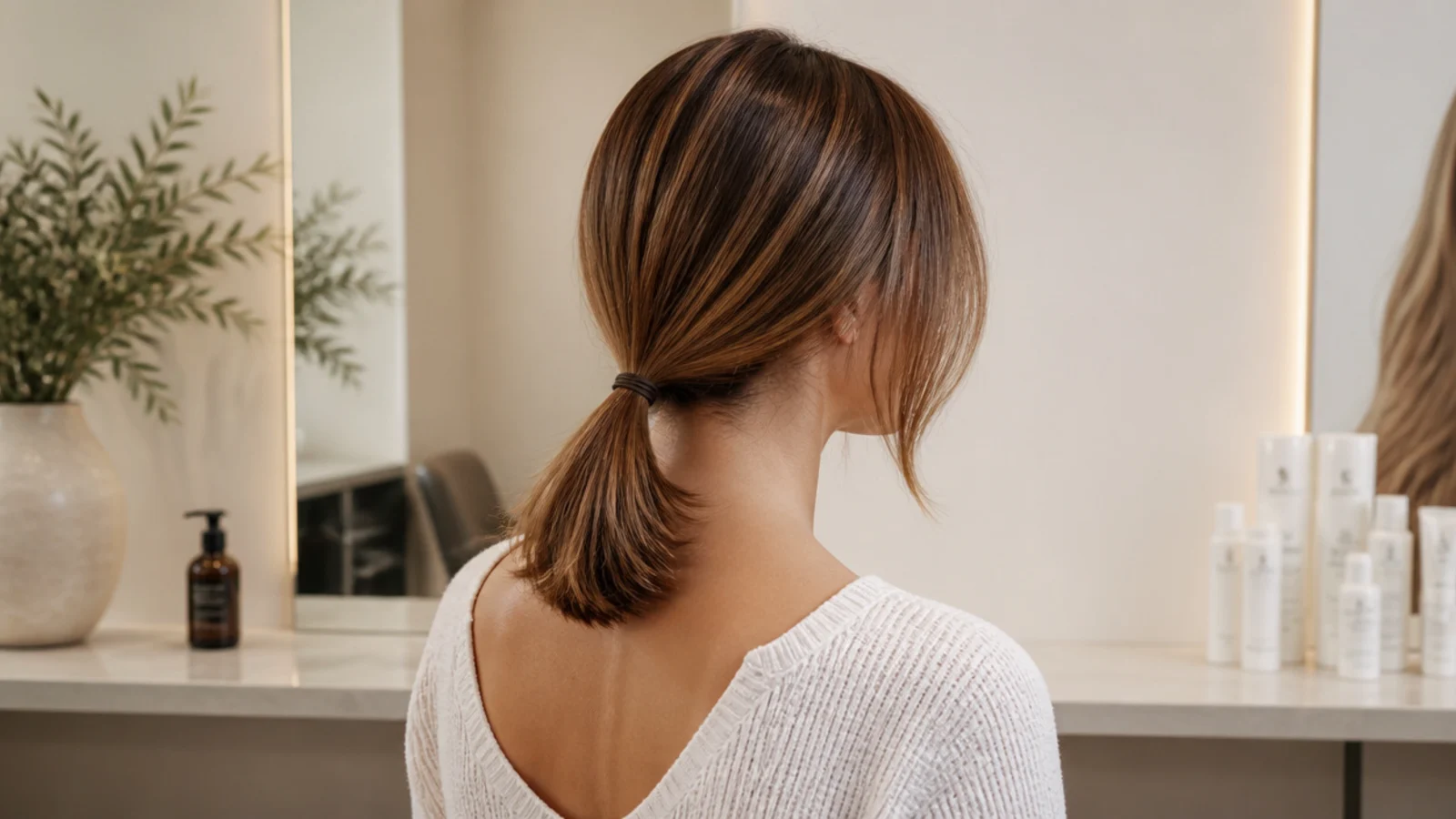 Straight mid length haircut styled on day three hair with a low ponytail and tucked ends