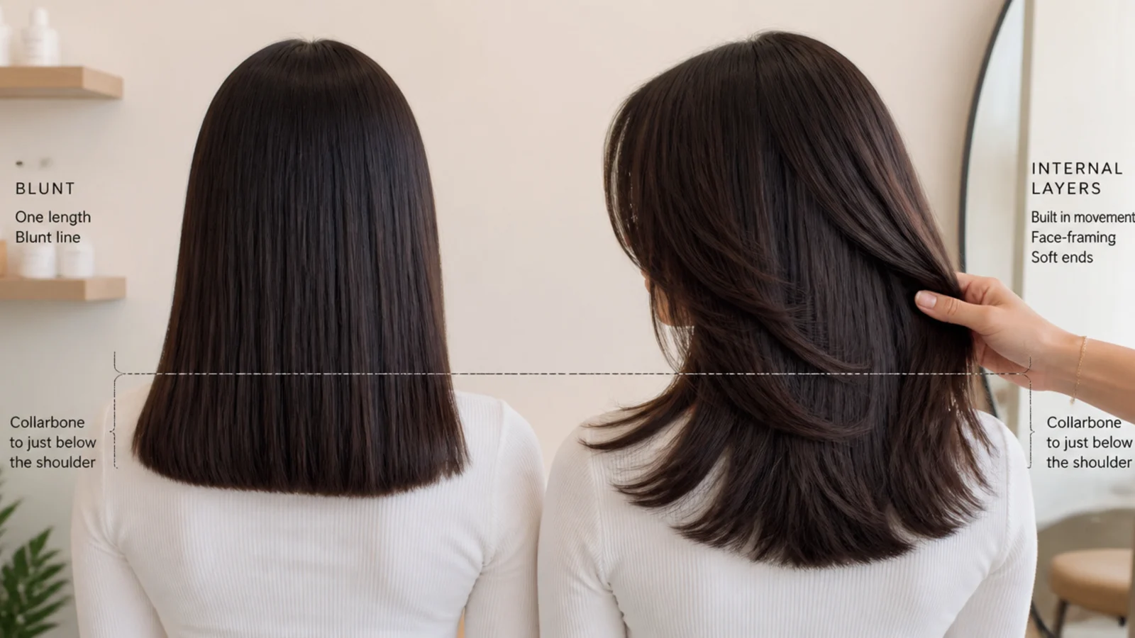 Fine straight mid length hair with a blunt line compared with thick straight hair with internal layers