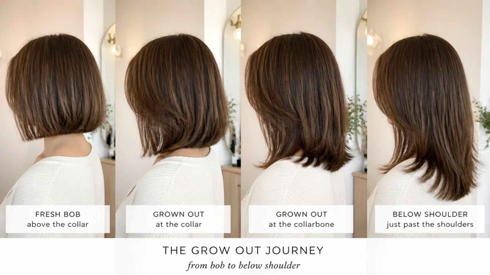 Grow-out stages of a straight mid length haircut from a bob to below shoulder length
