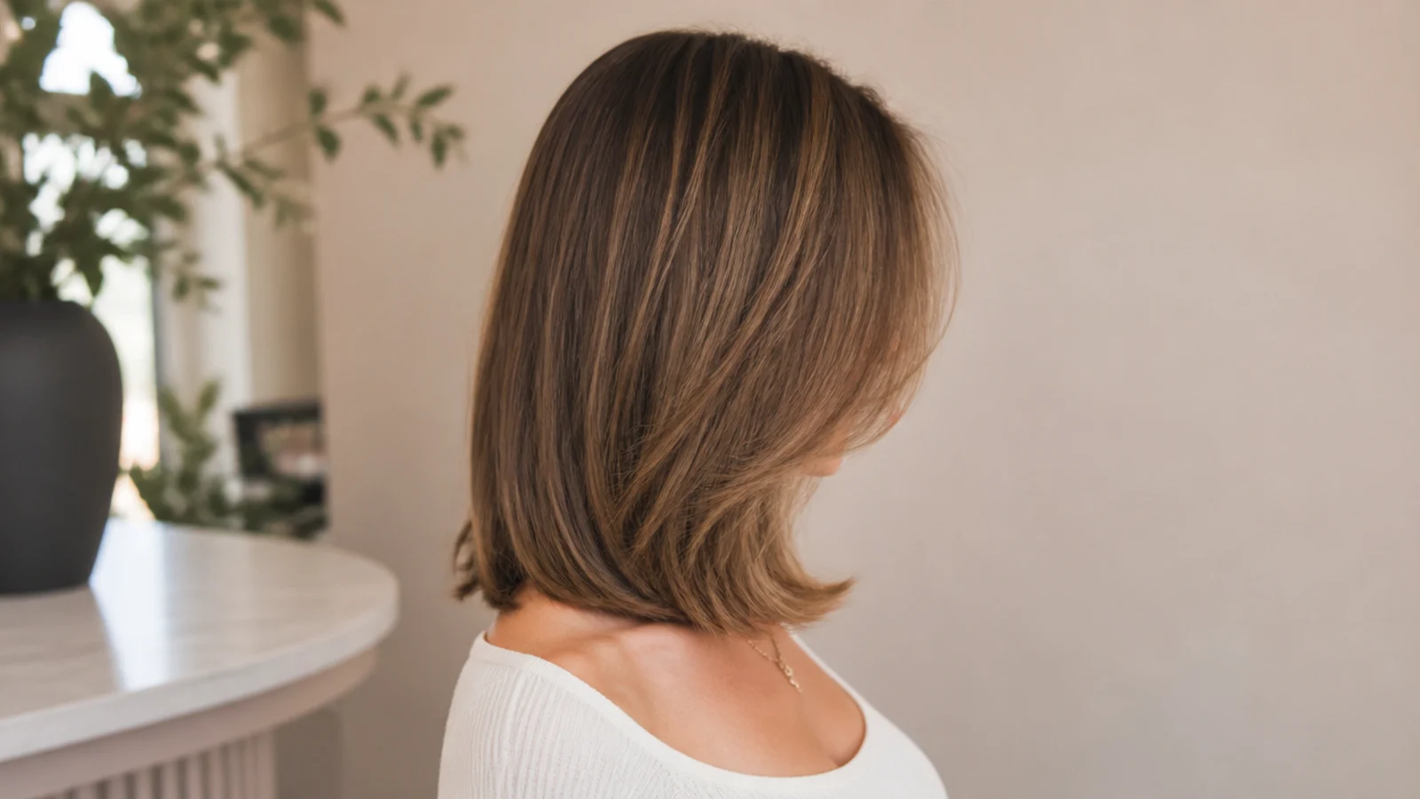 Straight mid length haircut cut blunt at the collarbone with a deep side part and glossy ends