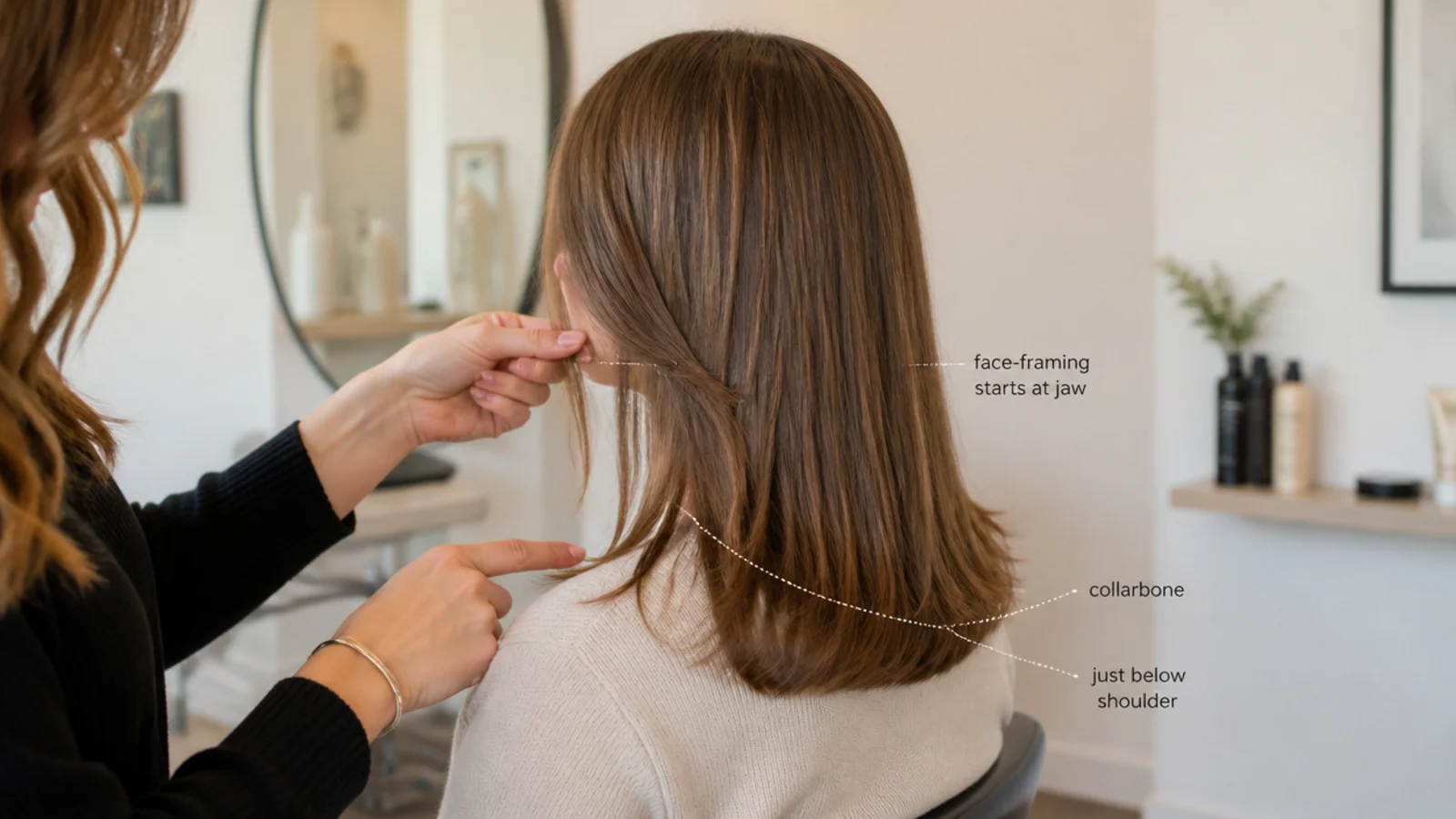 Consultation showing where face-framing layers start at the jaw on a straight mid length haircut
