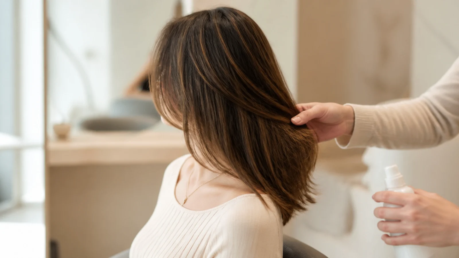 Length reference showing straight mid length hair running from the collarbone to below the shoulder