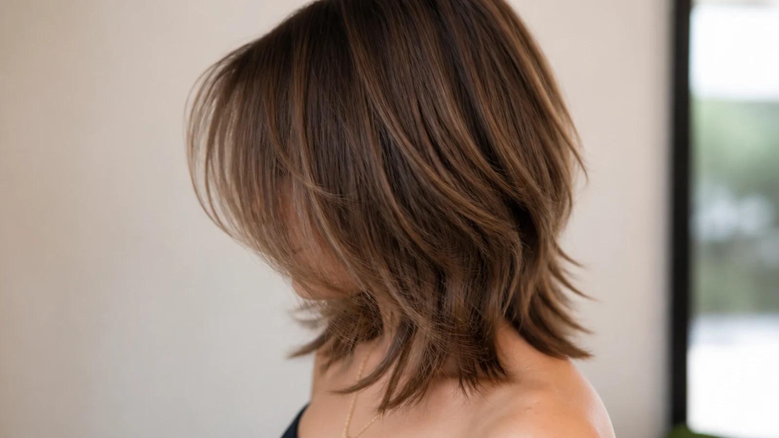 Razored textured mid length haircut shag with piecey separated ends and crown layers