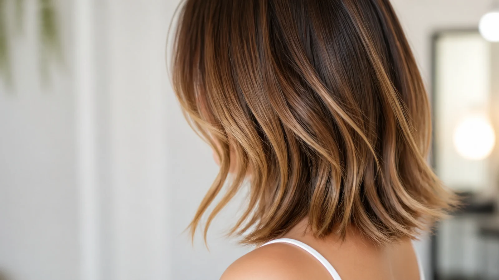 Textured mid length haircut lob with curtain bangs parted in the middle and point-cut ends
