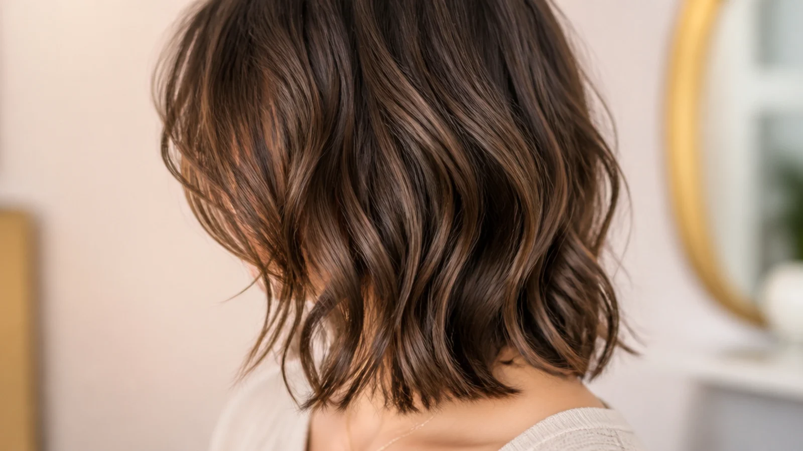 Textured mid length haircut on 2B wavy hair with piecey collarbone ends and no triangle shape