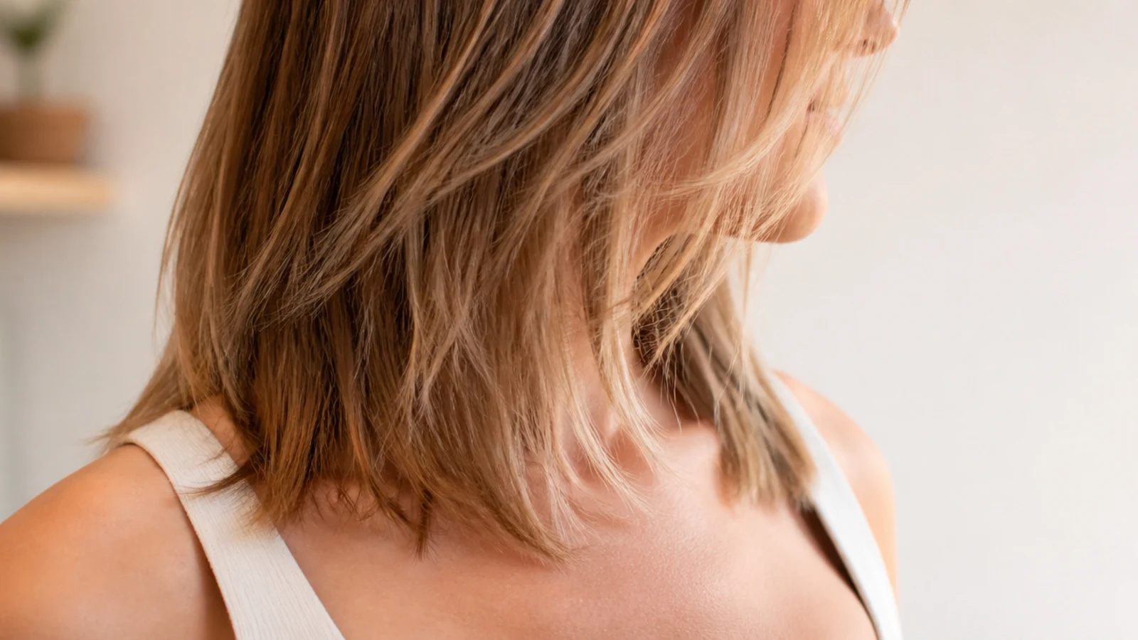 Straight mid length haircut with piecey textured ends separating into visible sections