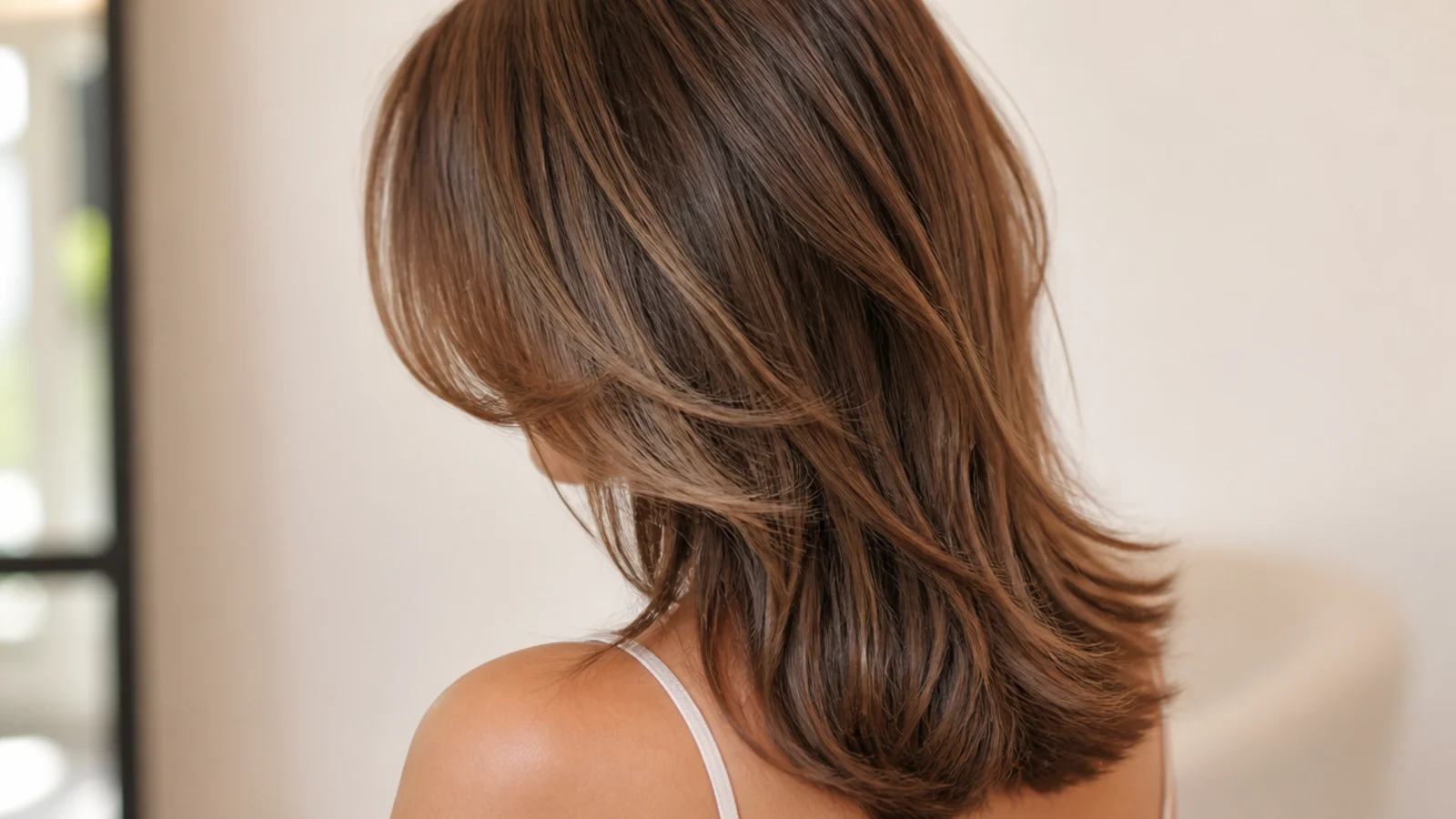 Textured mid length butterfly haircut with short face-framing wings and long textured back length