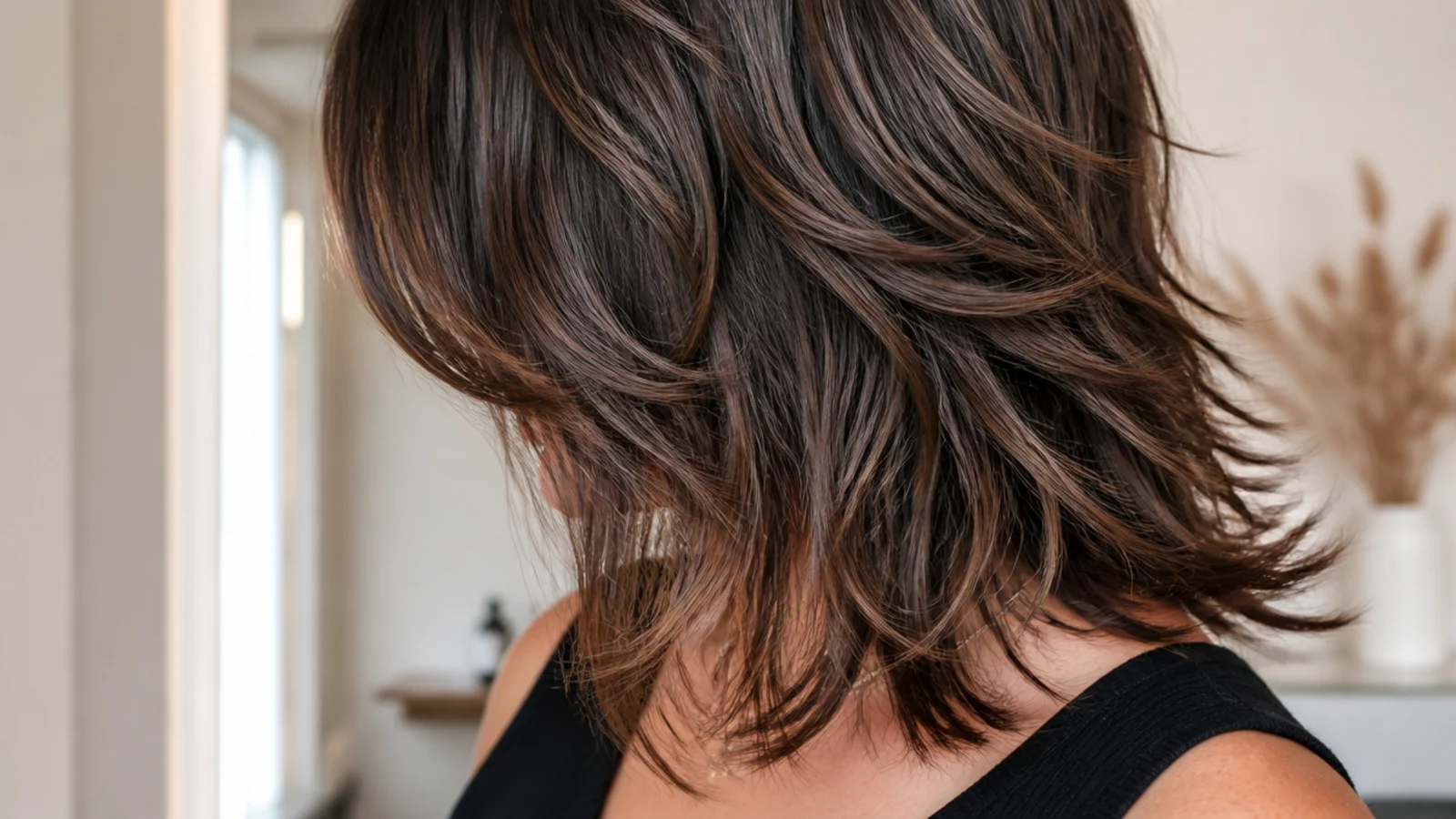 Textured mid length wolf cut with disconnected crown layers and shaggy shoulder-length ends