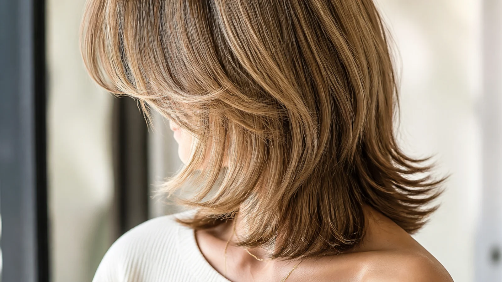 Textured mid length haircut with 90s style layers starting at the cheekbone and flicked ends