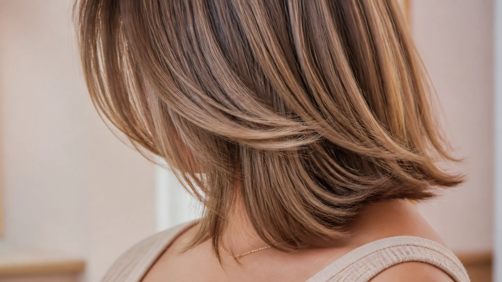 Mid length haircut with blunt collarbone perimeter and hidden internal texture for movement