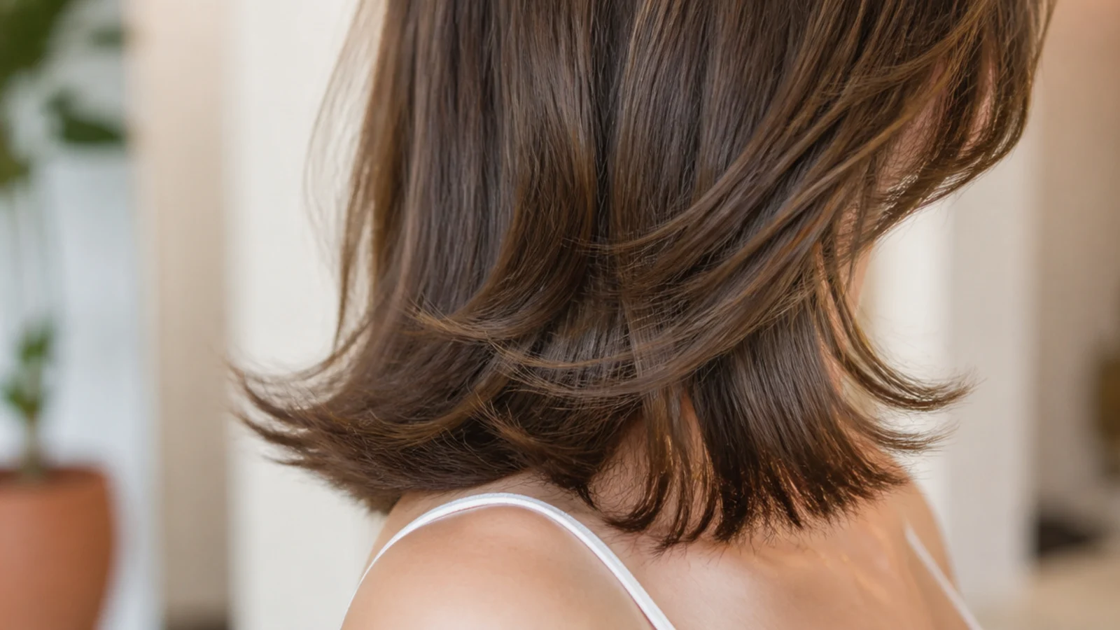 Textured mid length haircut ending at the shoulder with ends flicking outward