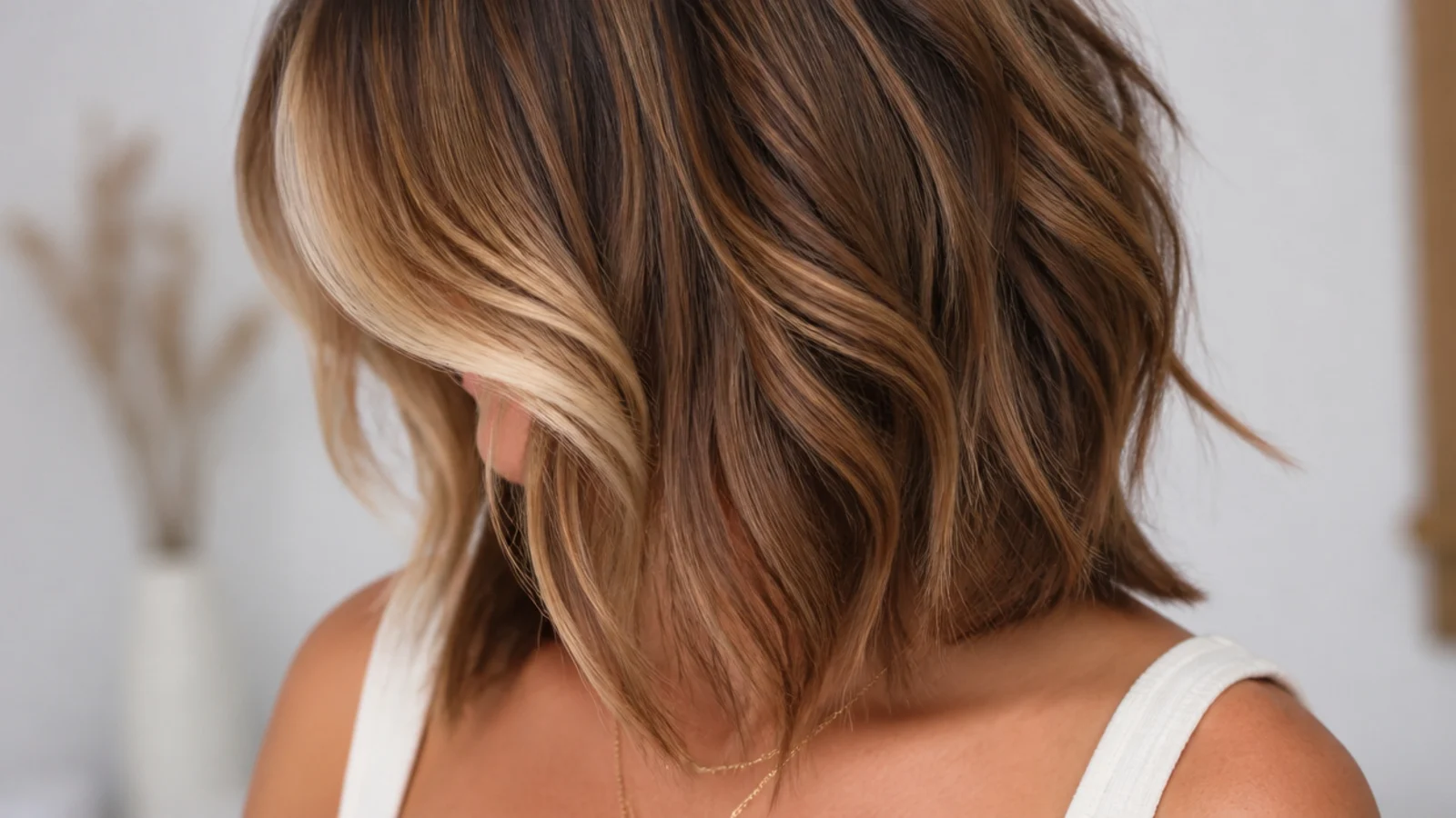 Textured mid length haircut with jaw-start face framing and a lightened money piece at the front