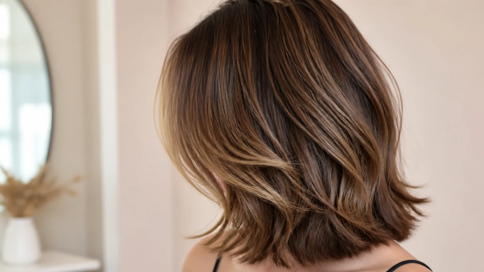 Textured mid length haircut on very thick hair with internal weight removed to prevent a triangle silhouette