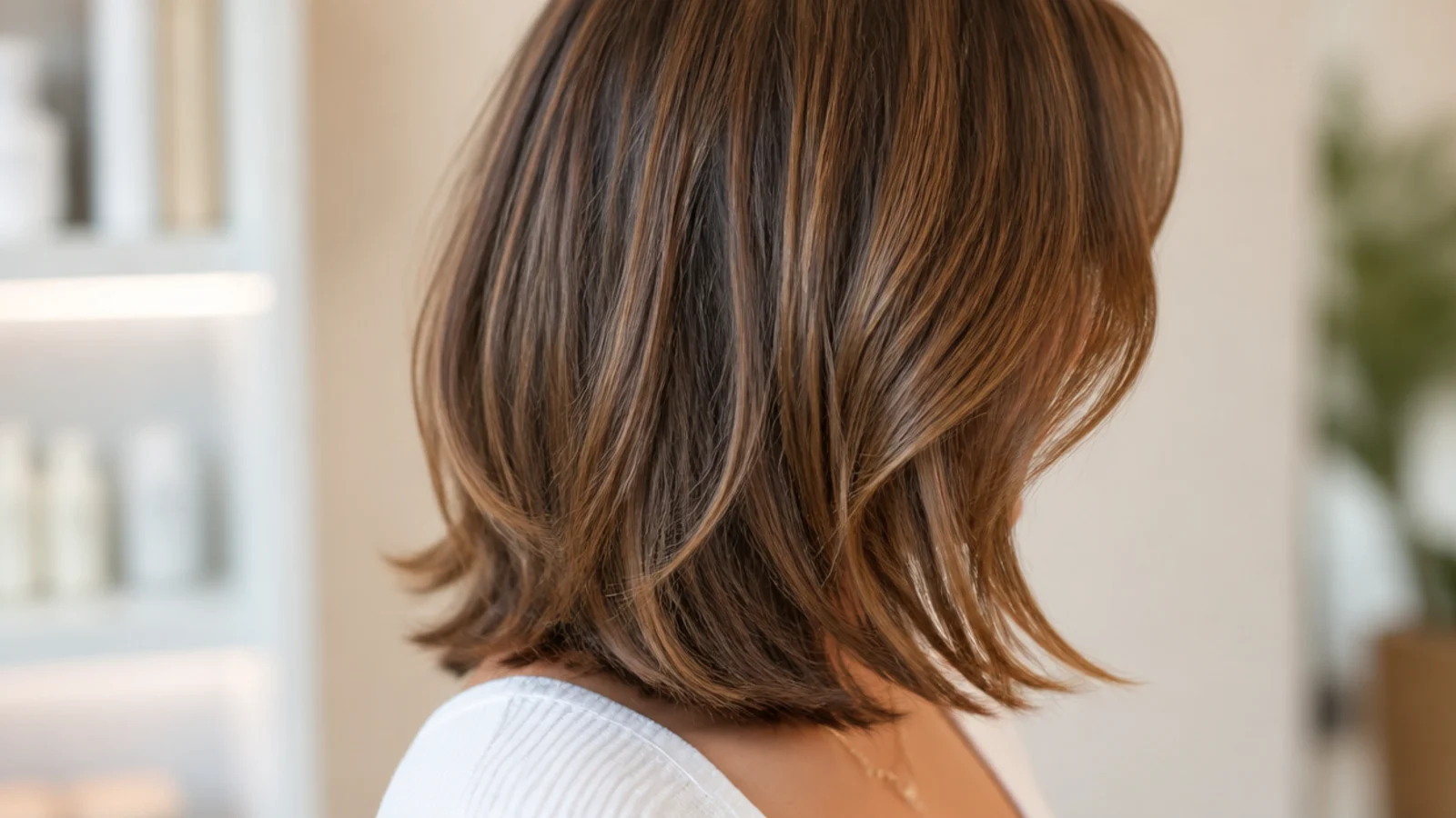 Textured mid length haircut with bottleneck bangs narrow at the brow and flaring to the cheekbone