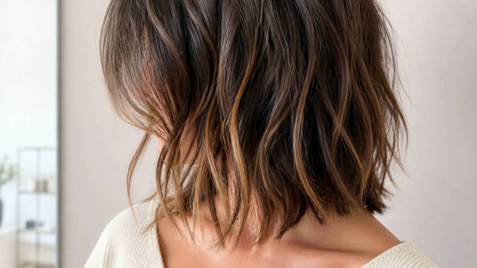 Choppy textured mid length haircut with deliberately uneven ends and strong visible separation