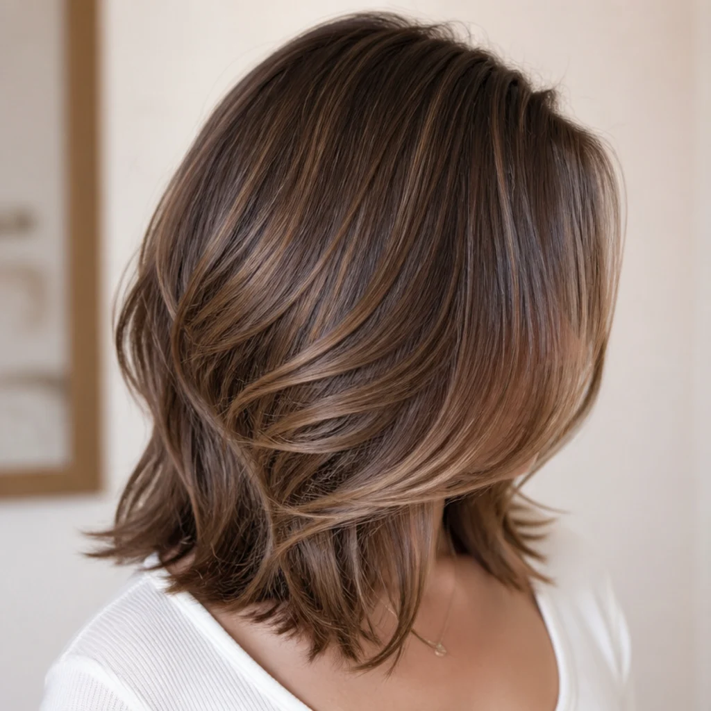 Textured mid length haircut on a square face with jaw-start face framing curving inward