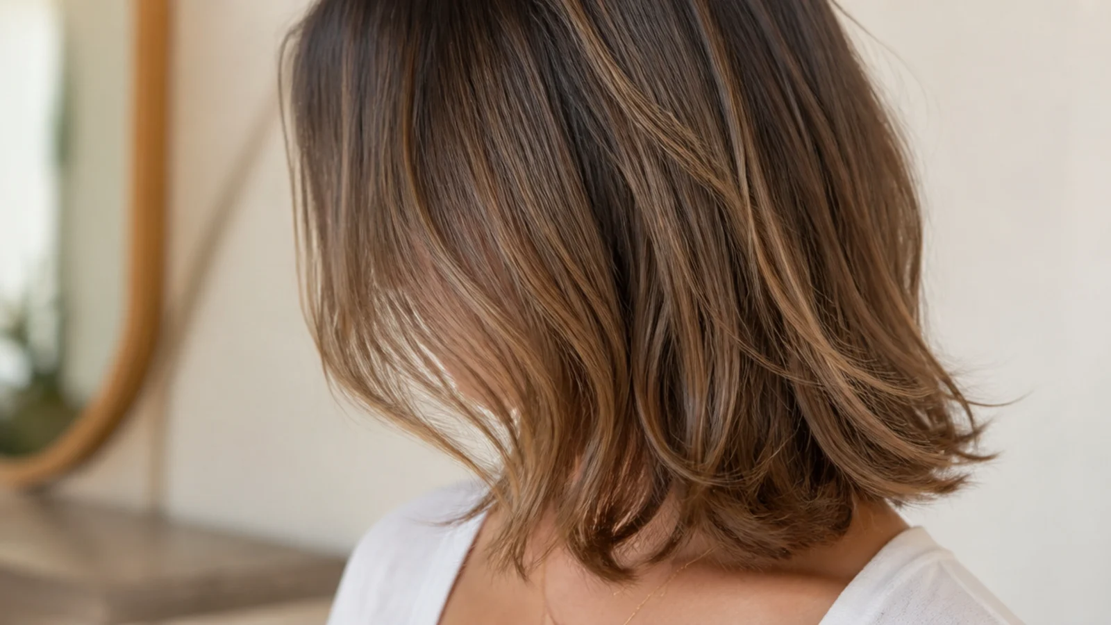 Textured mid length haircut on a round face with face framing starting below the chin