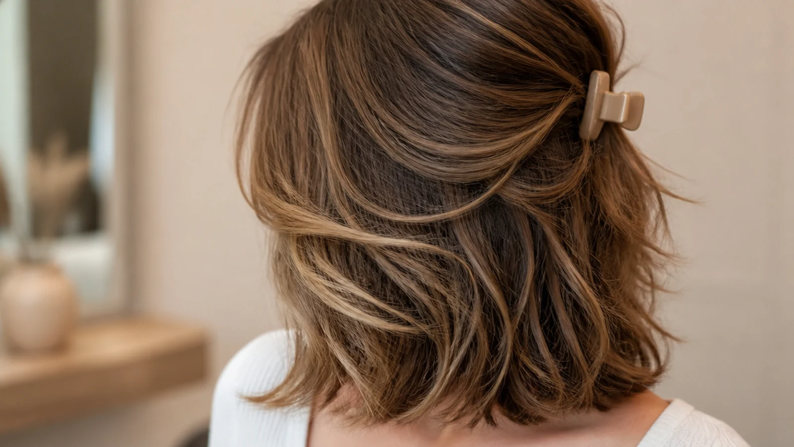 Textured mid length haircut on third-day hair styled with dry shampoo and a claw clip