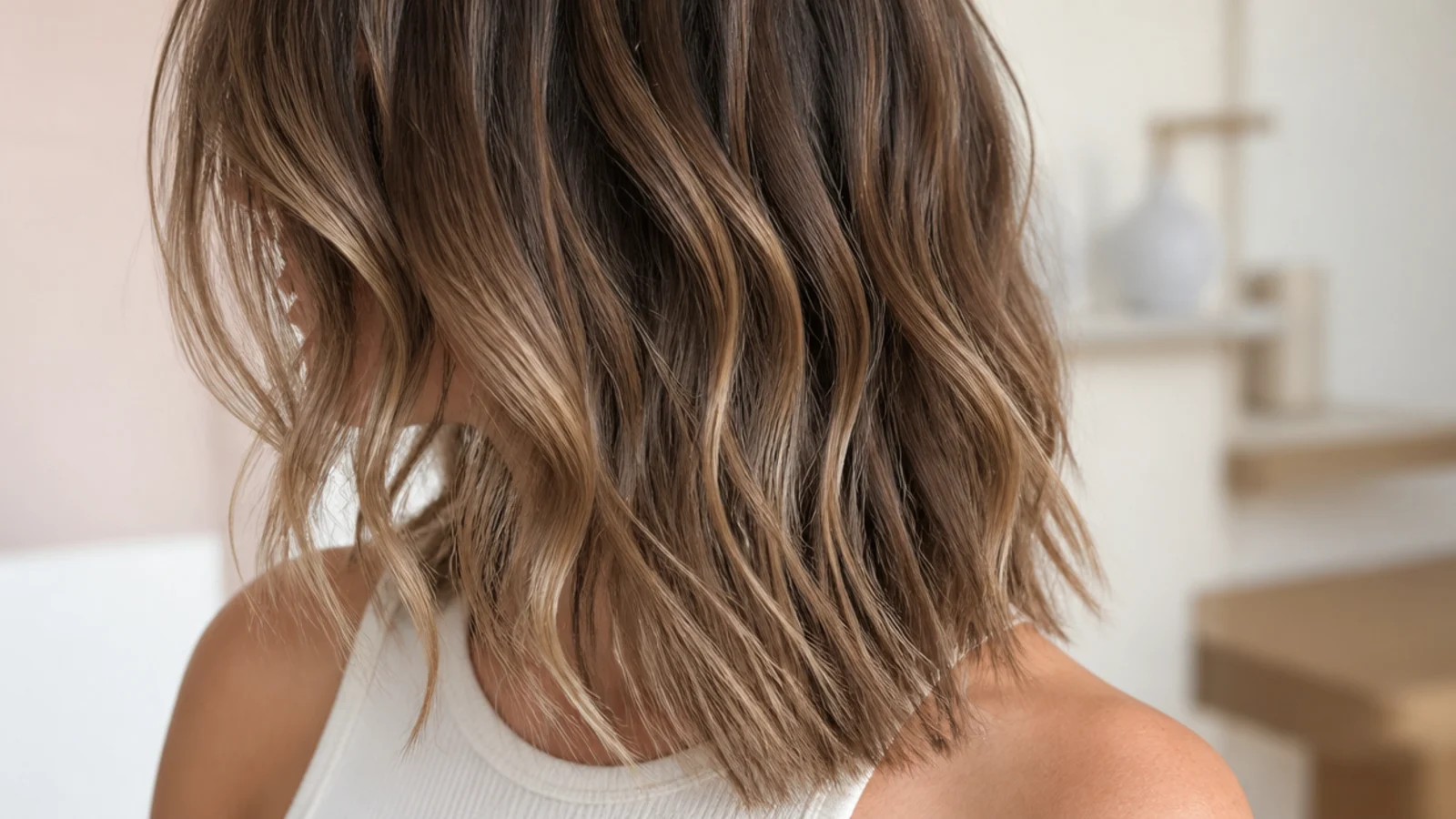 Textured mid length haircut styled into loose beach waves with sea salt spray and separated ends