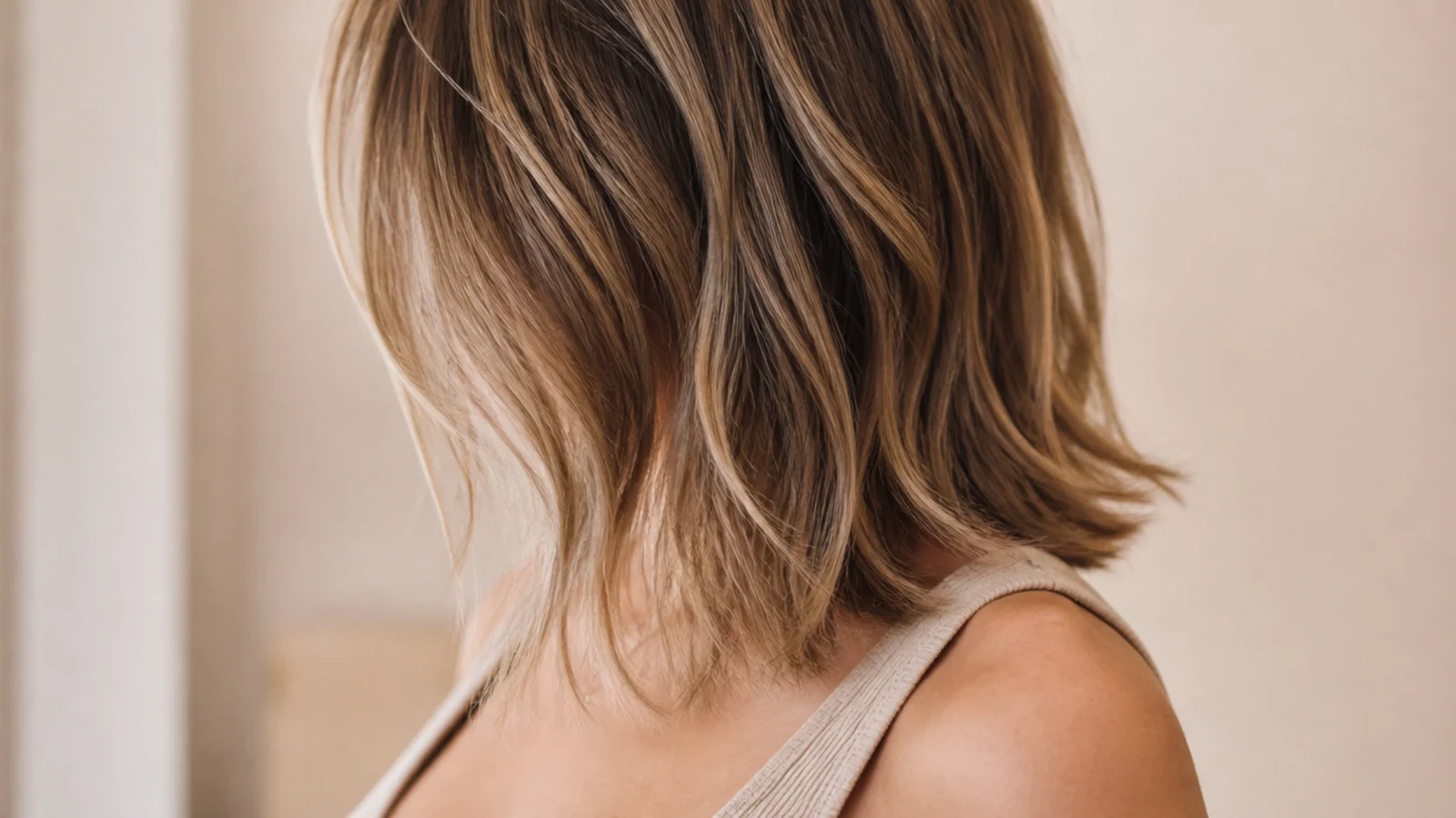 Textured mid length haircut in the grow-out stage from a bob with shoulder-skimming layered ends