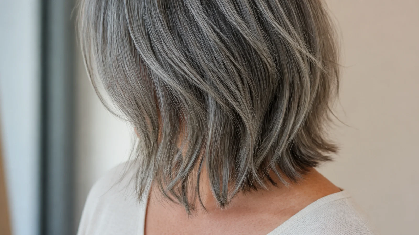 Textured mid length haircut on salt and pepper gray hair with softened point-cut ends
