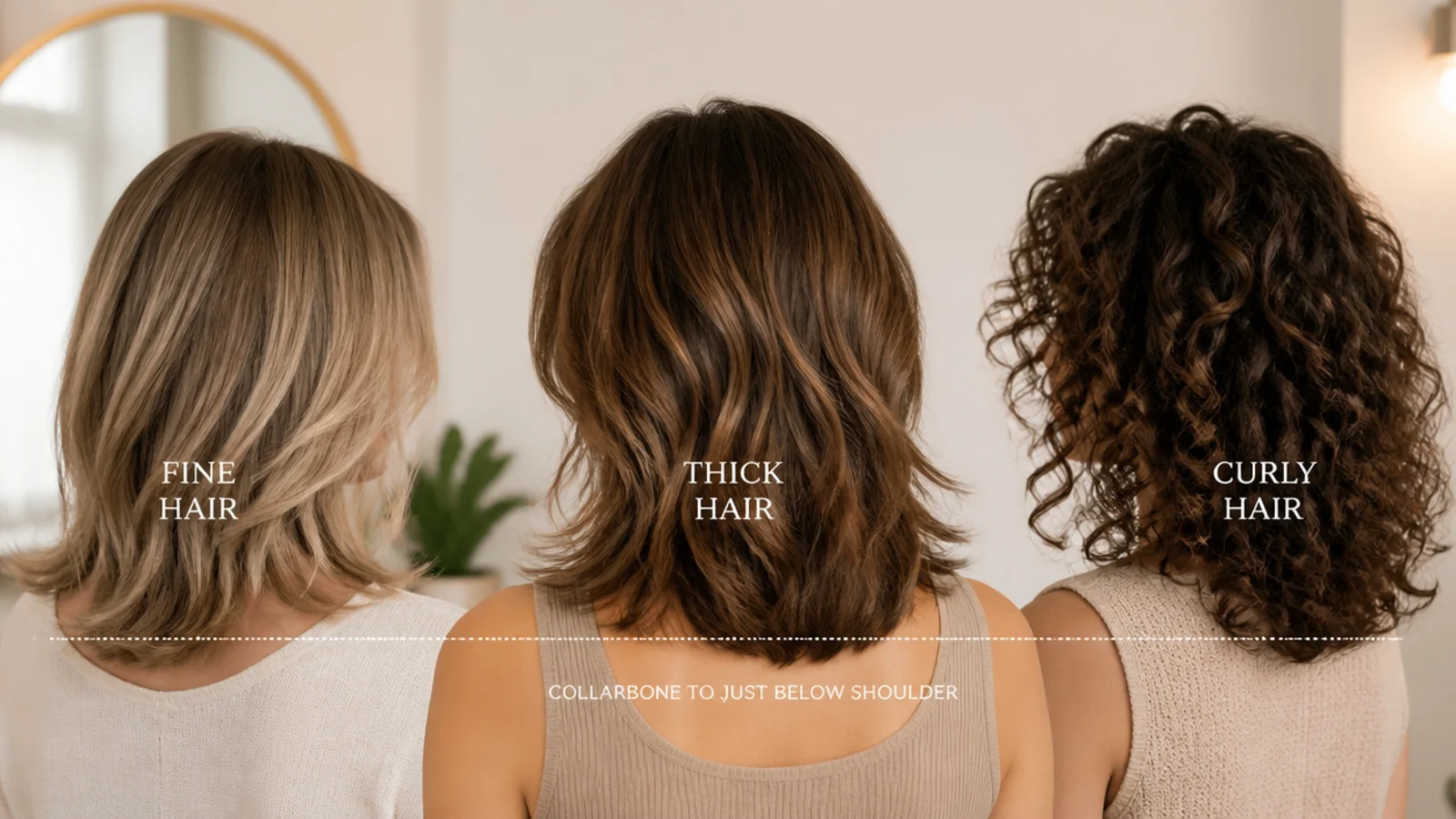 Textured mid length haircut compared on fine, thick and curly hair at collarbone length