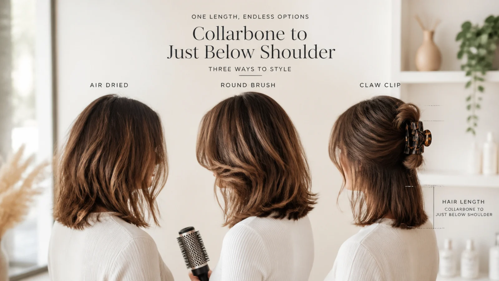 Textured mid length haircut styled three ways with air drying, a round brush and a claw clip