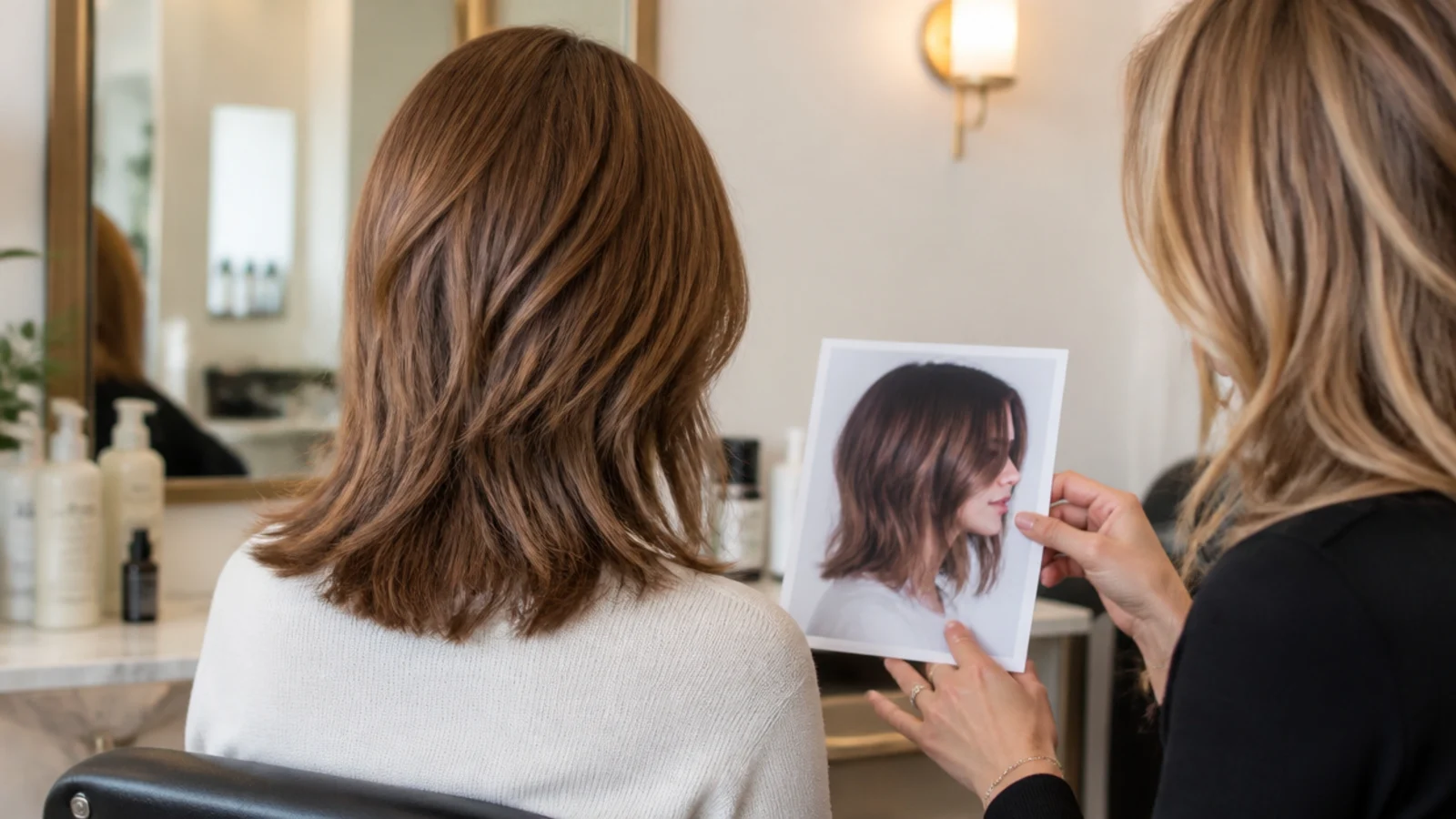 Woman showing a stylist a textured mid length haircut reference photo at the salon chair